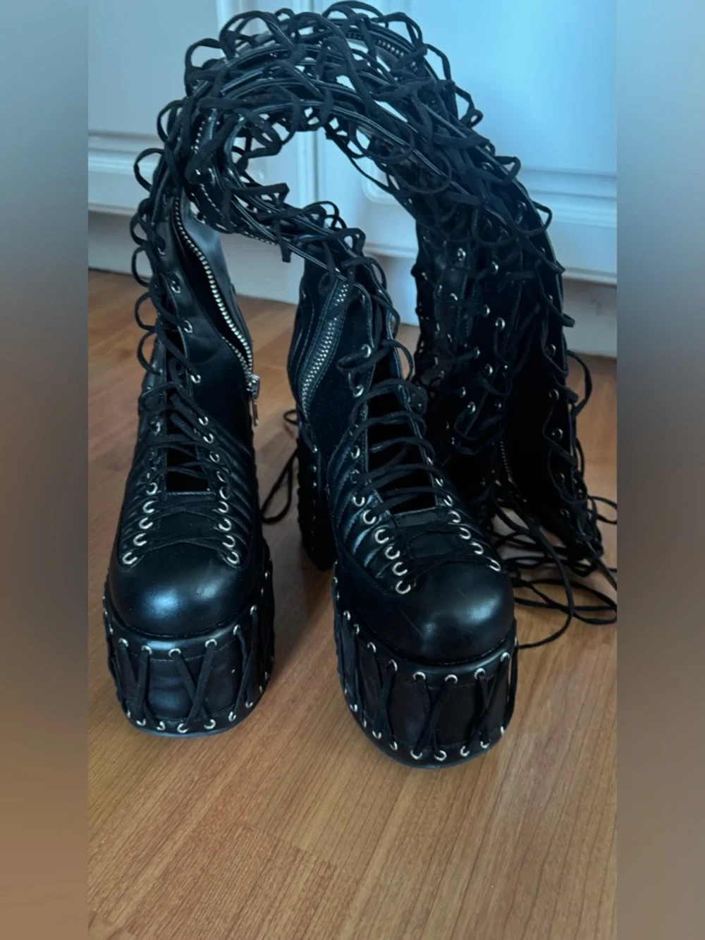 RARE Super Hot Platform Lace-Up Over-the-Knee Boots in Black (US8) Rave Festival